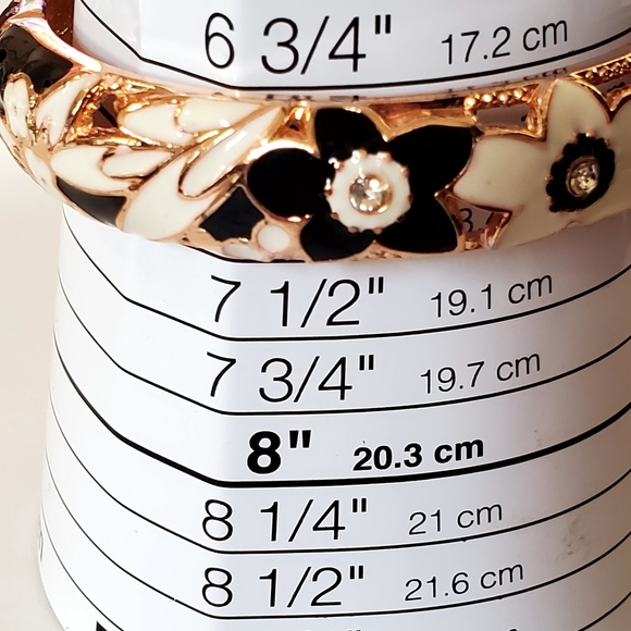 Cloisonne Hinged Signed Goldtone Floral Bangle Black & White Vintage 80s - Picture 3 of 12